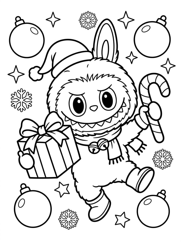 Labubu met kerstmuts rent met cadeau en suikerstok