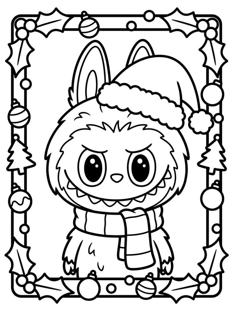 Labubu met kerstmuts en gestreepte wintersjaal