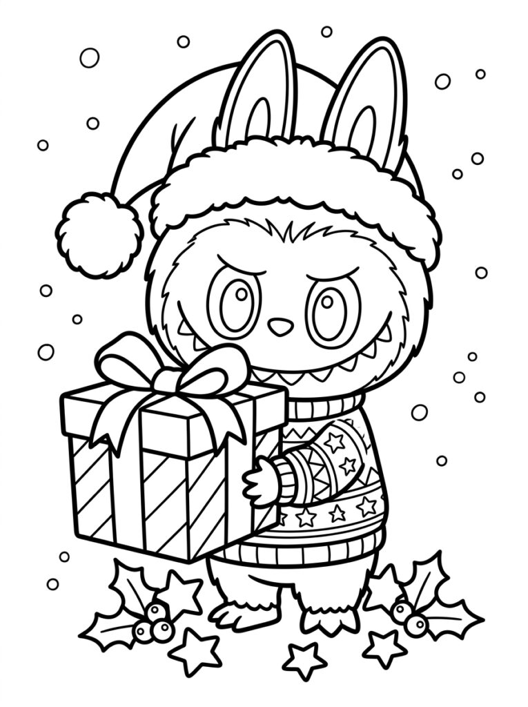 Labubu met kerstmuts houdt groot cadeau vast
