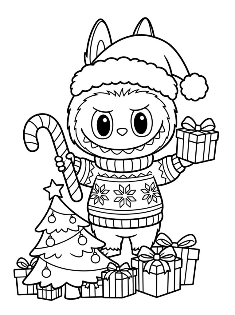 Labubu met suikerstok en geschenken bij kerstboom