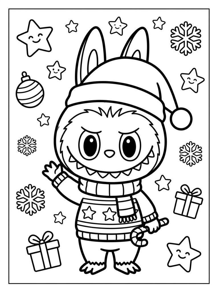 Labubu in stertrui met kerstmuts en suikerstok