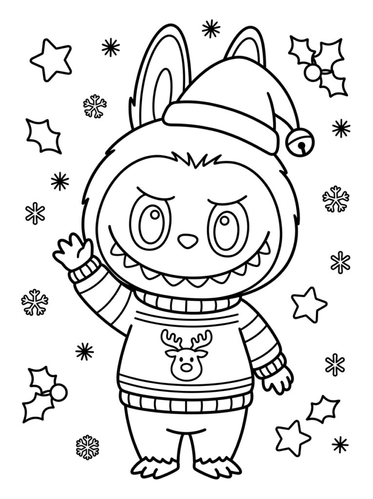 Labubu in rendiertrui met kerstmuts