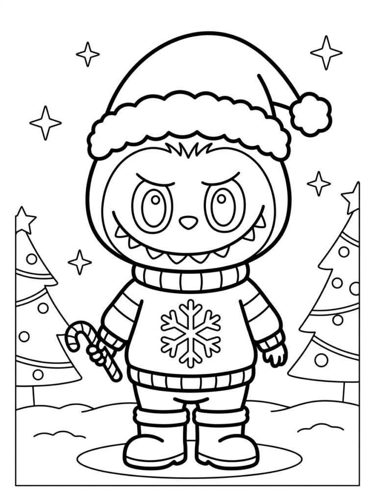 Labubu met sneeuwvloktrui bij kerstbomen