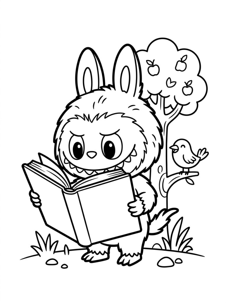 Labubu leest boek naast boom met vogel