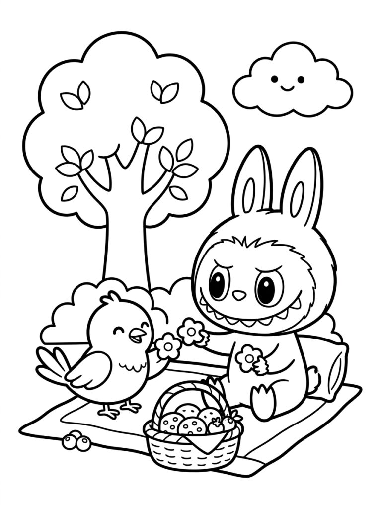 Labubu picknickt met vogel en fruitmand