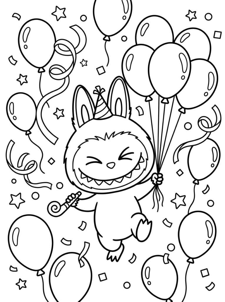 Labubu springt met ballonnenbundel en feesttoeter