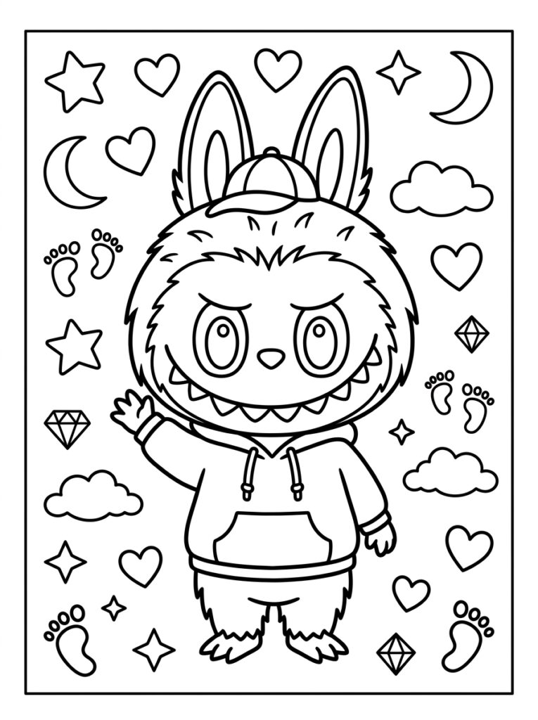 Labubu in hoodie met pet en hartjes