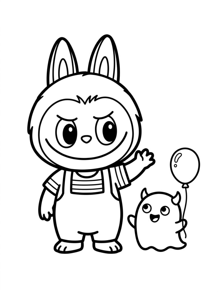 Labubu in overall naast spook met ballon