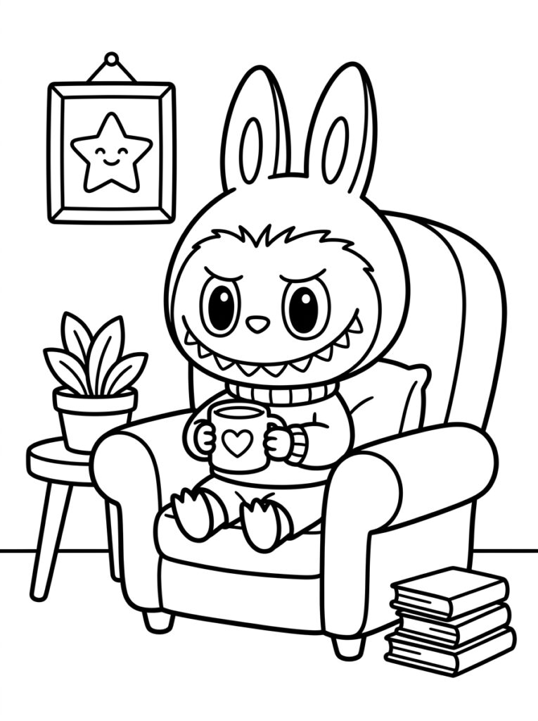Labubu met mok in fauteuil naast plant en boeken