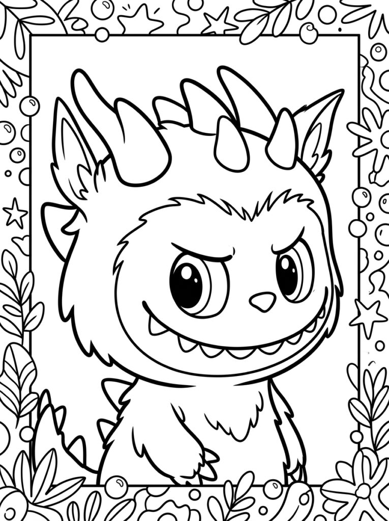 Labubu met hoorns in bloemen en sterren lijst