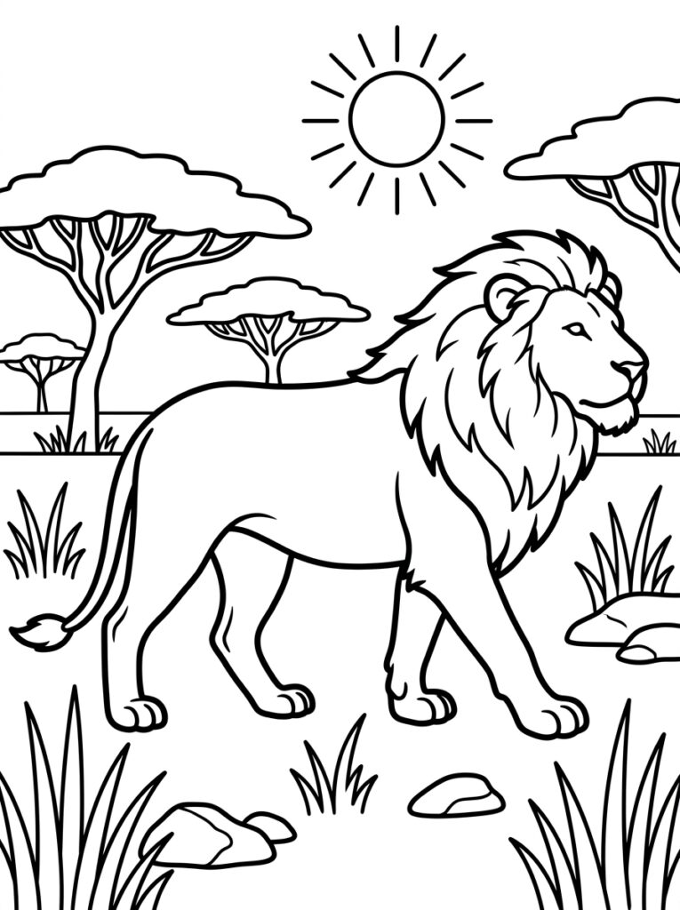 Kleurplaat van een leeuw lopend in savanne met zon acaciabomen gras en rotsen