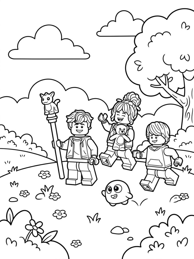 LEGO jongen met kattestaf, meisje met teddybeer en bolwezen
