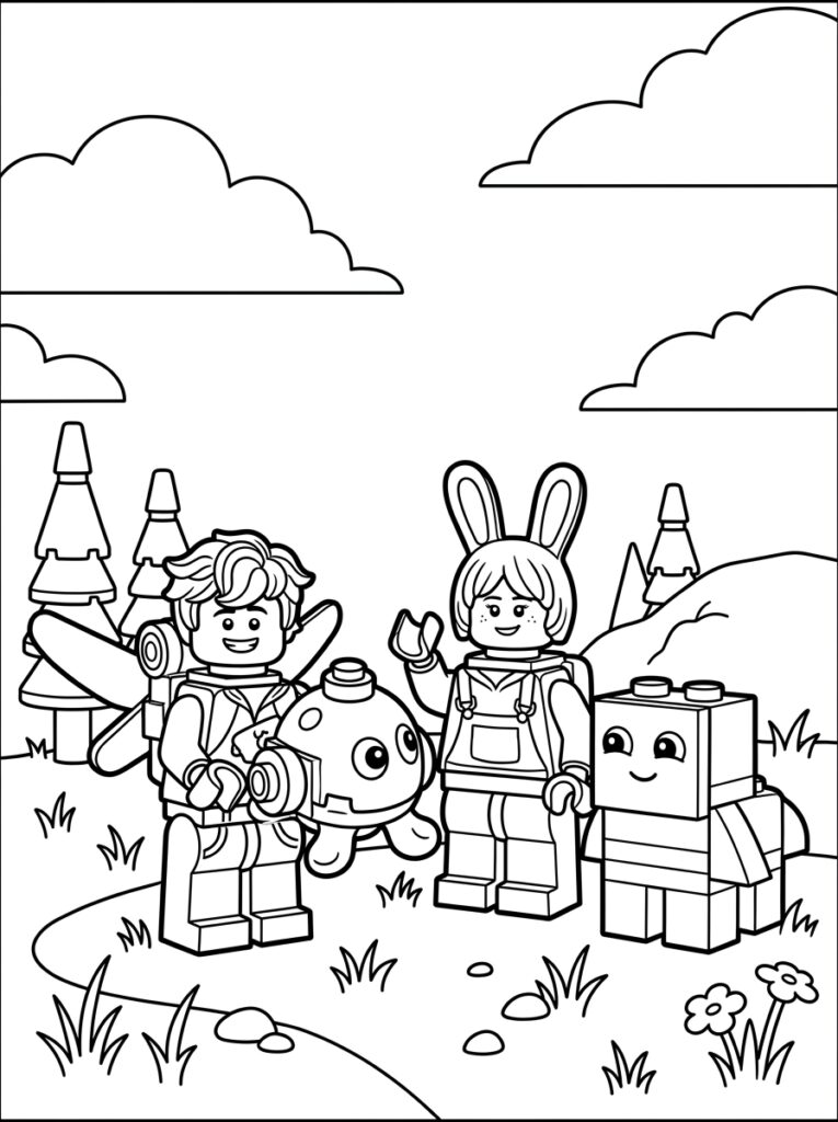 LEGO jongen met camera, konijnmeisje, robot en blokman