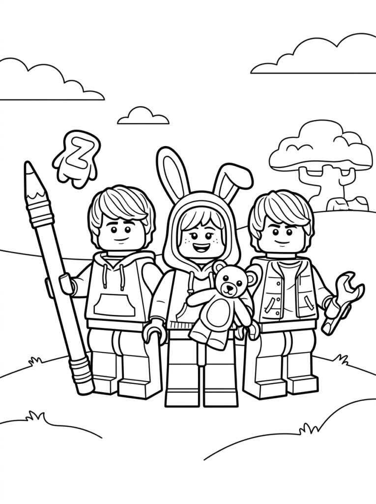Drie LEGO kinderen met potlood, teddybeer en moersleutel