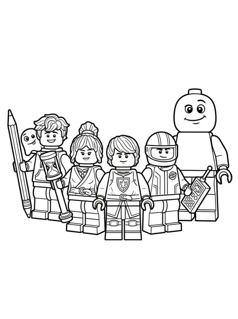 Zes LEGO karakters met potlood zandloper en helm