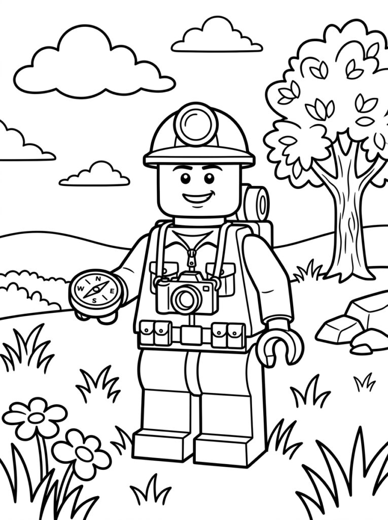 LEGO avonturier met helm kompas camera en rugzak