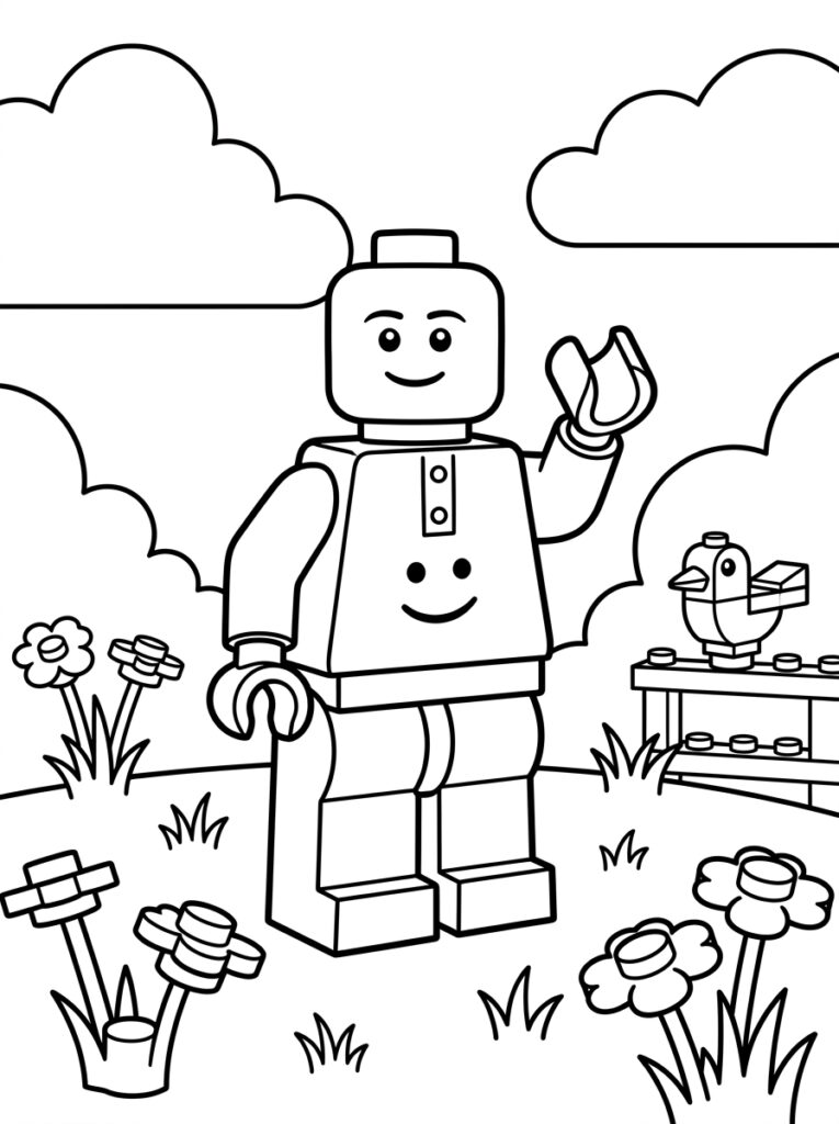 LEGO man zwaait met hand bij vogel