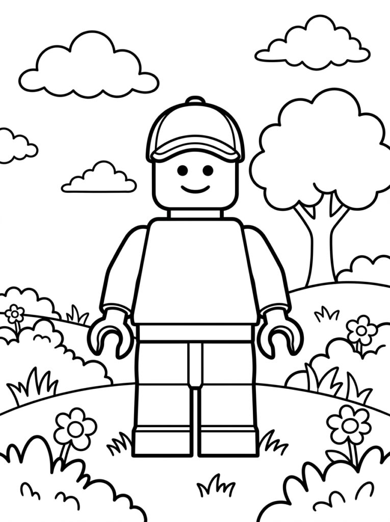 LEGO man met pet staat in bloemrijke wei