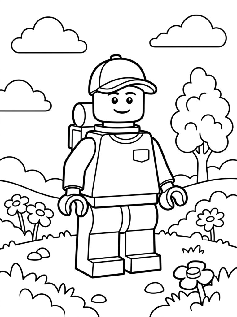 LEGO man met rugzak en pet tussen bloemen