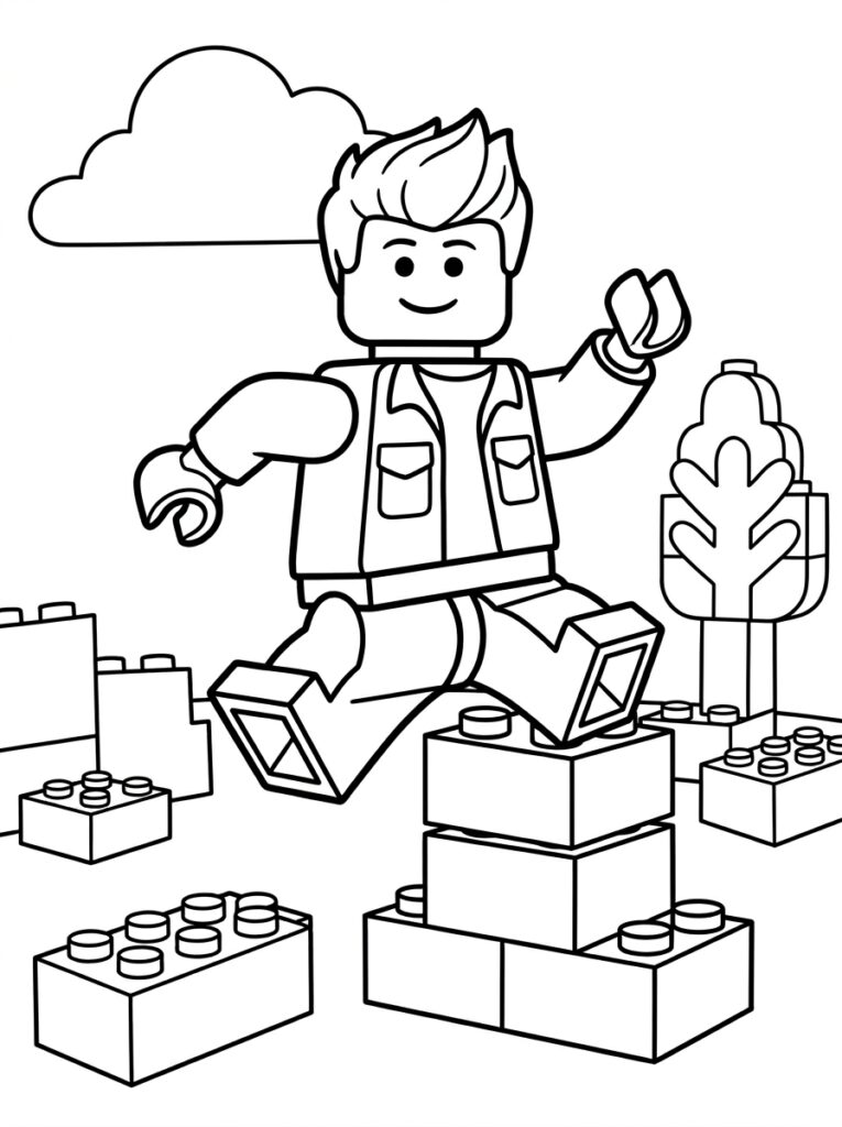LEGO man met jas springt over LEGO blokken