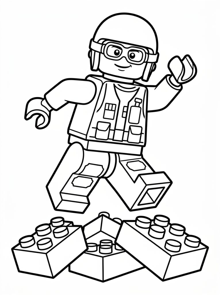 LEGO man met helm bril vest op LEGO blokken