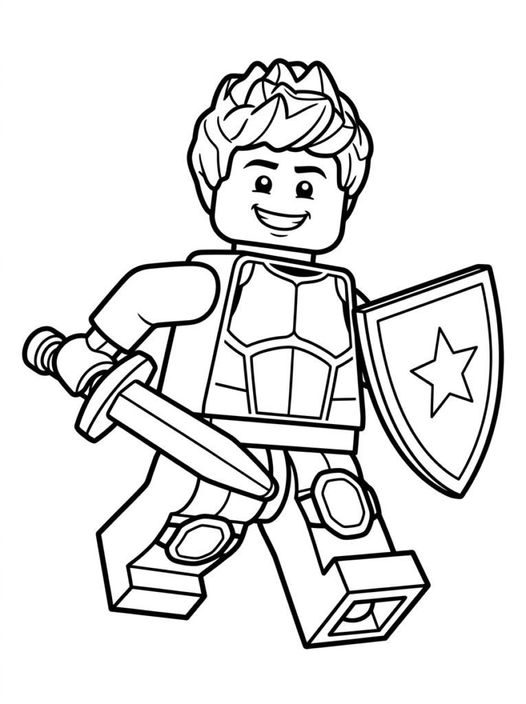 Lachende LEGO ridder met zwaard en schild