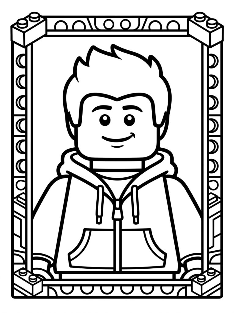 Lachende LEGO jongen met stekelhaar in bakstenen omlijsting