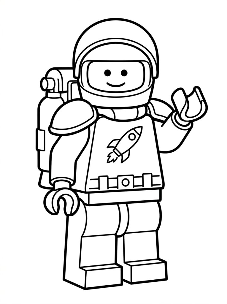 Lachende LEGO astronaut met raket en zuurstoftank