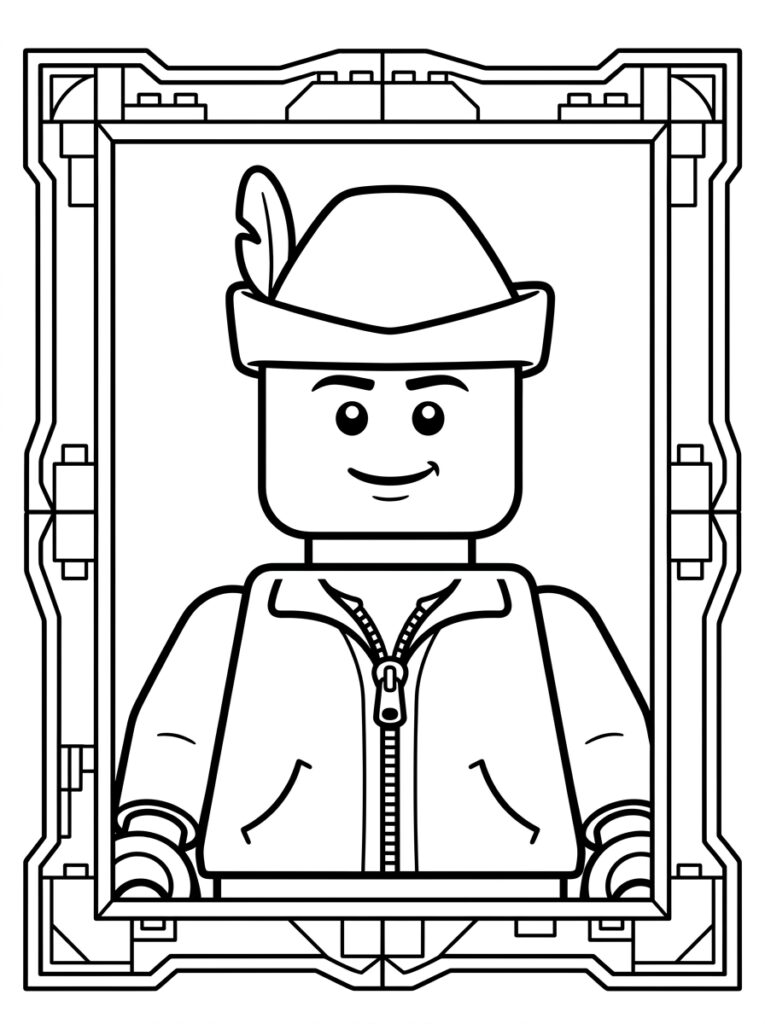 Lachende LEGO piloot met veerhoed in omlijsting