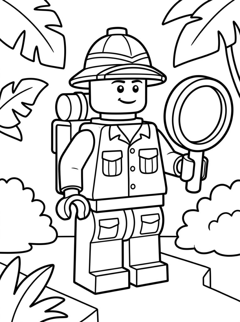 LEGO ontdekkingsreiziger met loep tussen bladeren