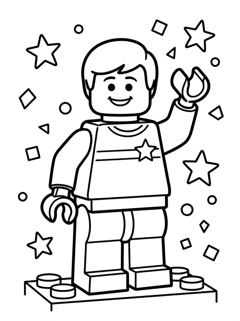 LEGO jongen met ster op shirt tussen sterren