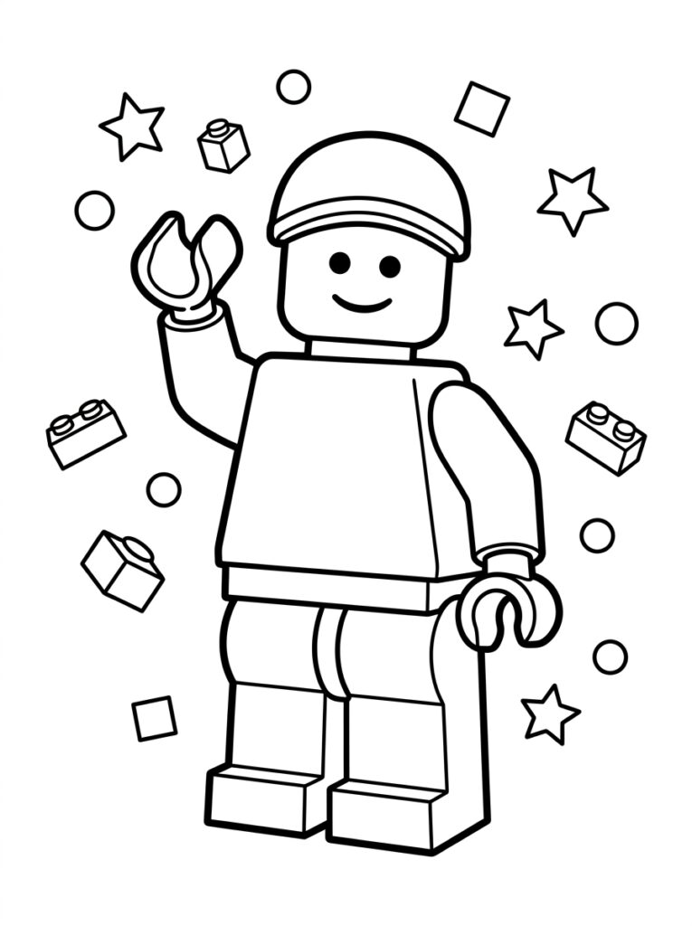 LEGO man met helm houdt vlam tussen sterren en blokken