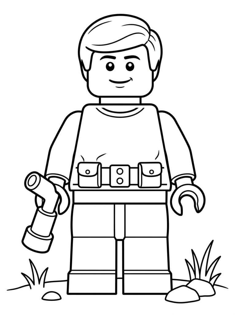 LEGO man met riem houdt zaklamp bij gras