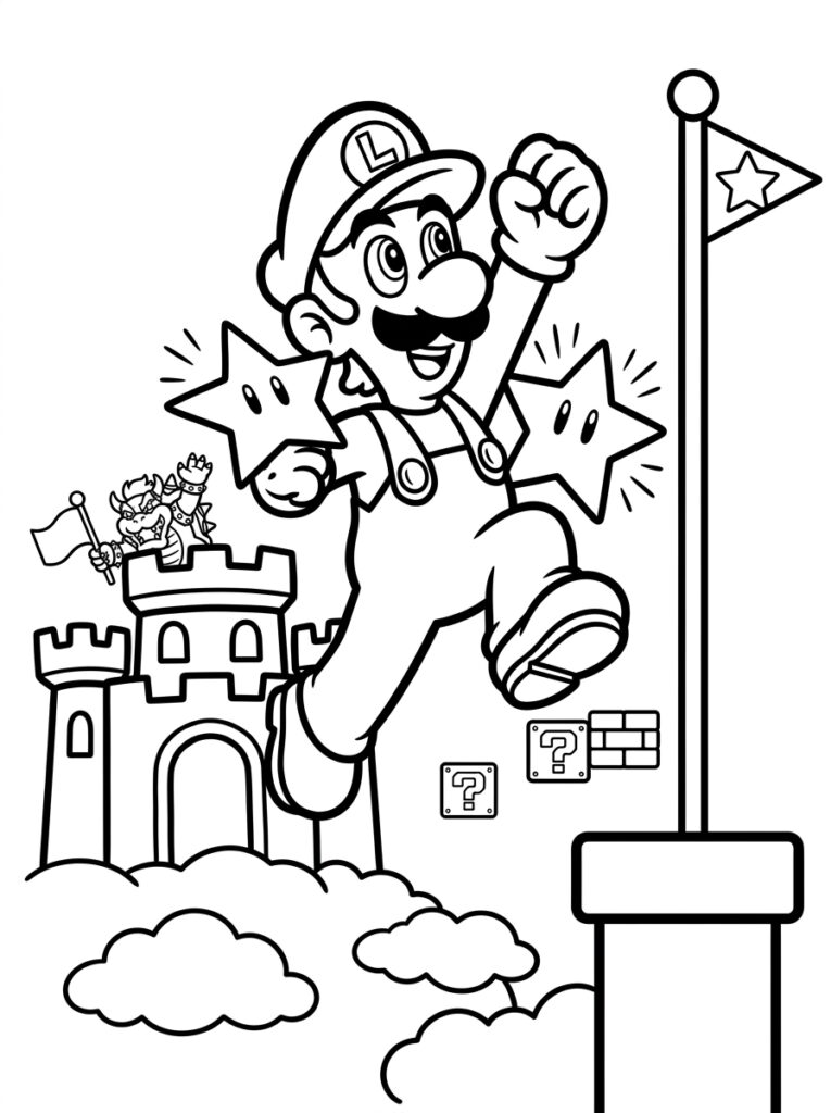 Luigi springt over wolken bij kasteel en vlag