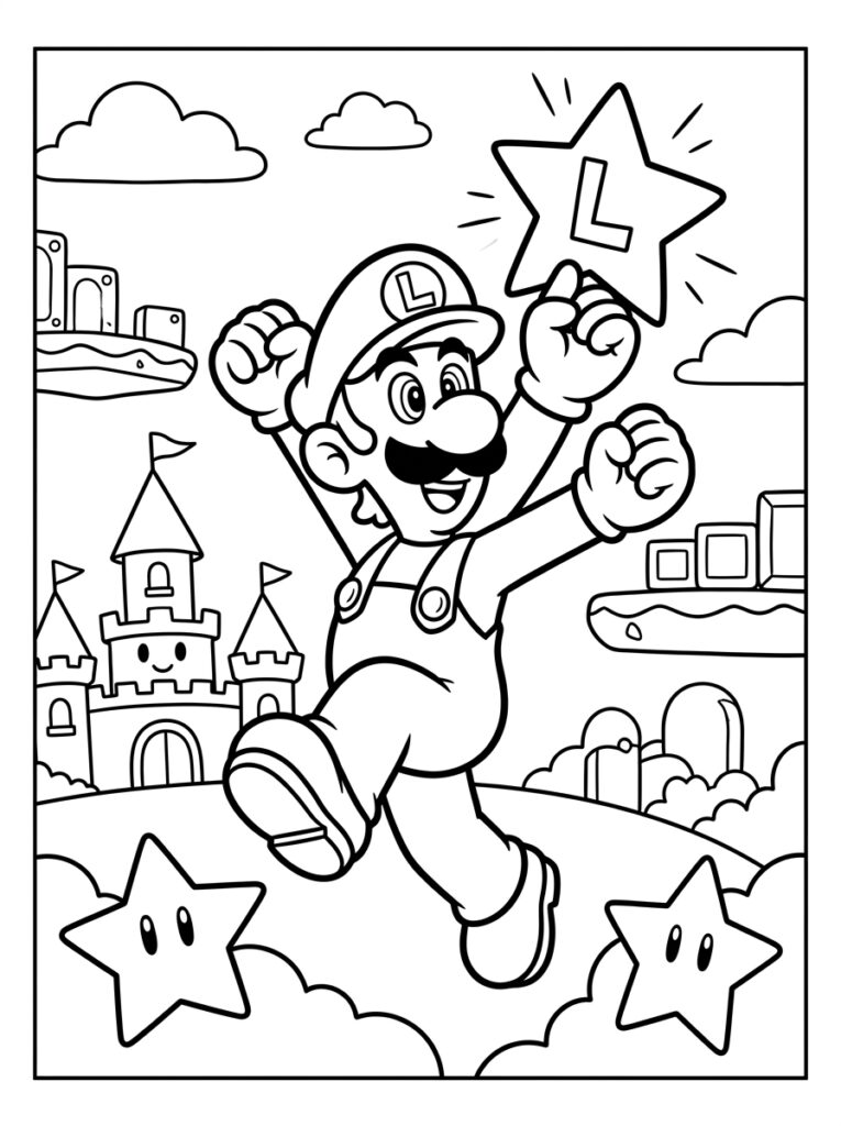 Luigi springt met ster in opgeheven hand