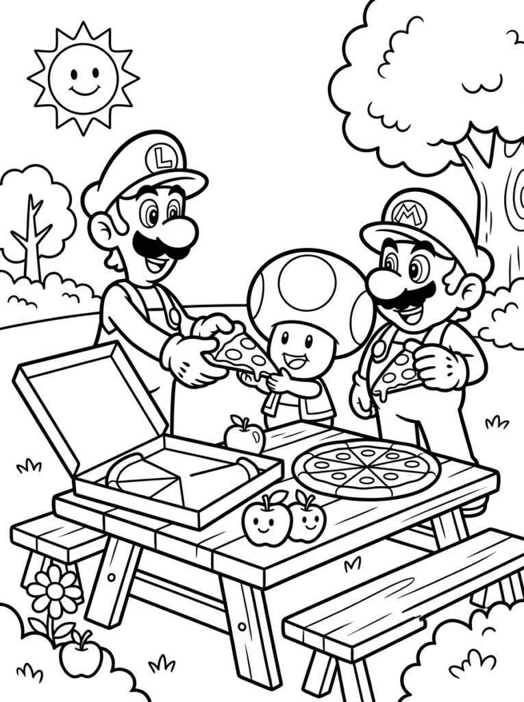 Luigi geeft pizza aan Mario en Toad