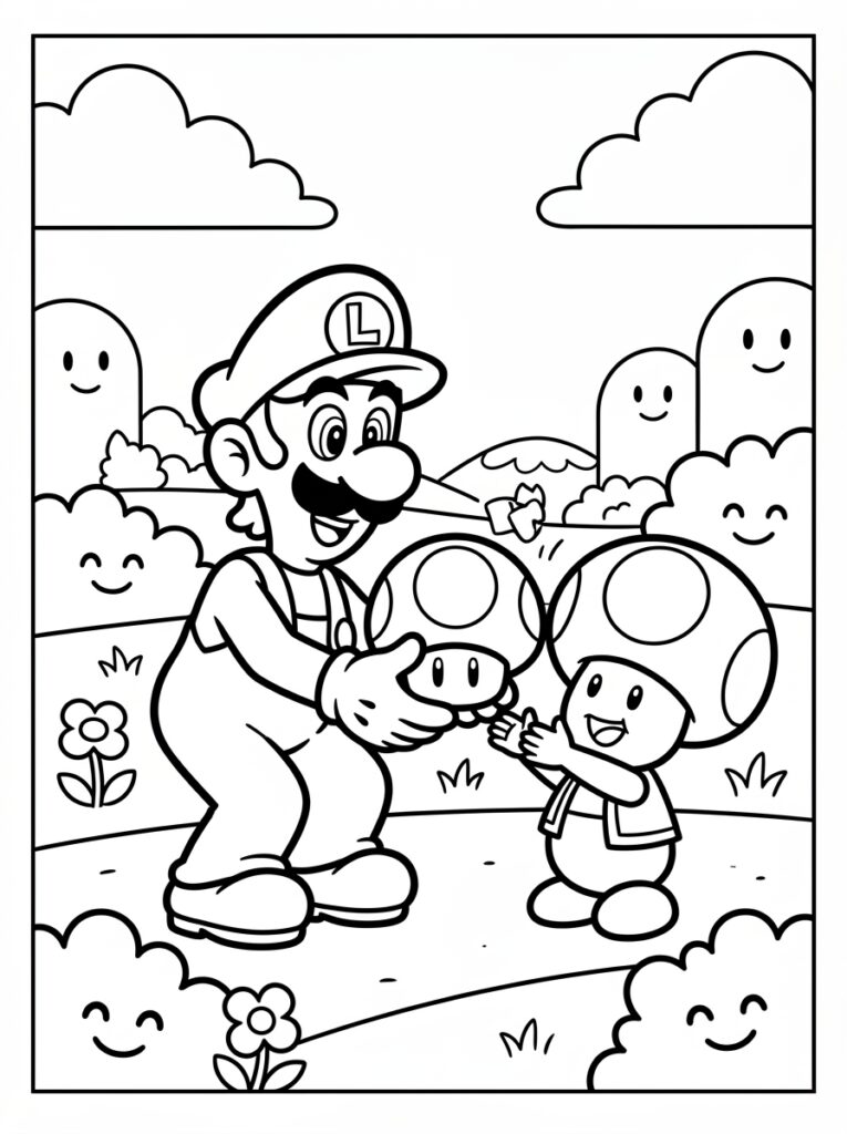Luigi begroet twee Toads met lachende wolken