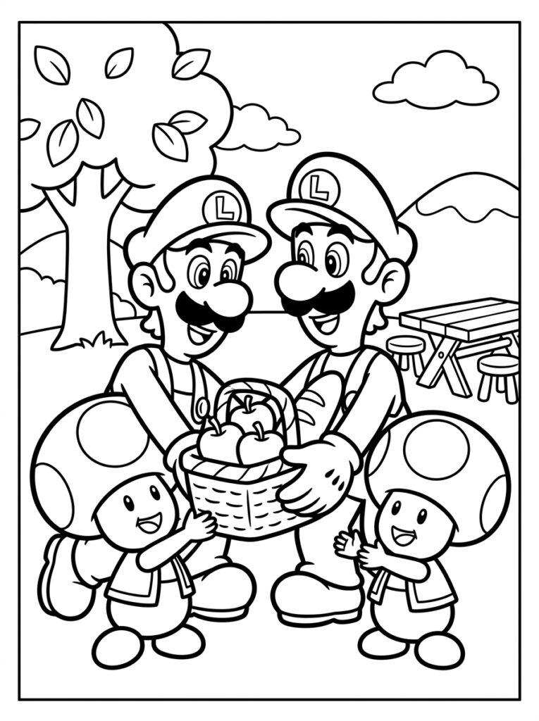 Luigi Mario en Toads houden fruitmand vast