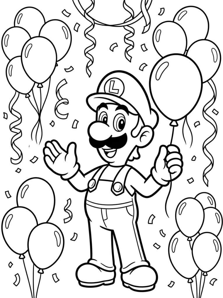 Luigi zwaait met ballonnen slingers en confetti