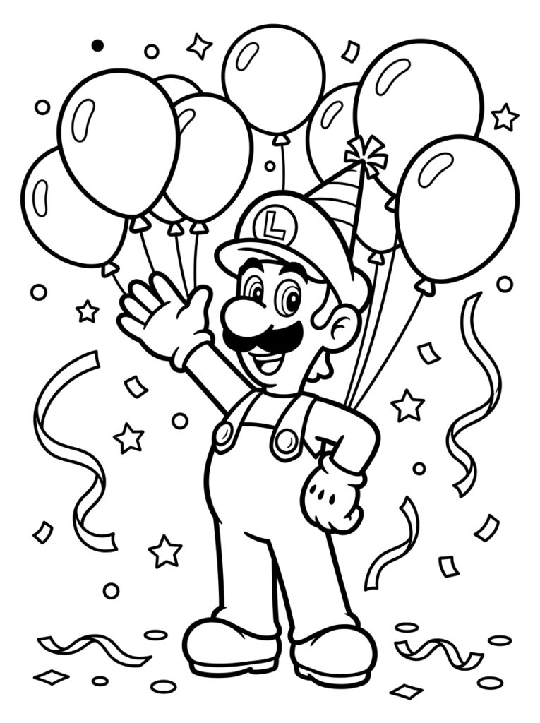 Luigi met feestmuts zwaait tussen ballonnen sterren