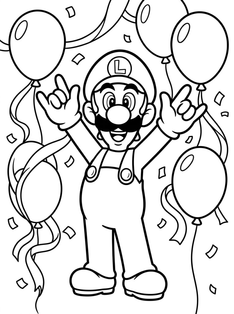 Luigi steekt beide handen omhoog bij ballonnen