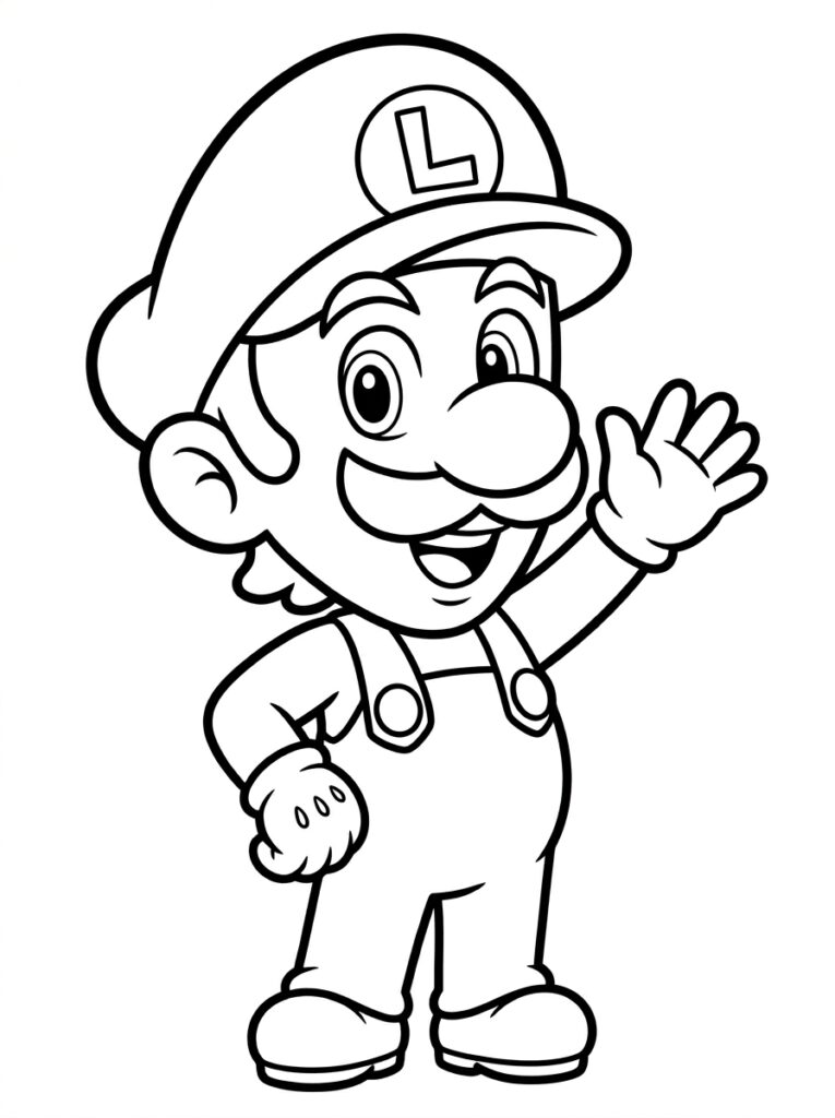 Luigi zwaait met hand op heup