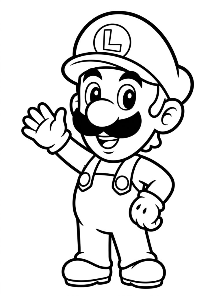 Luigi zwaait met zijn hand en glimlacht