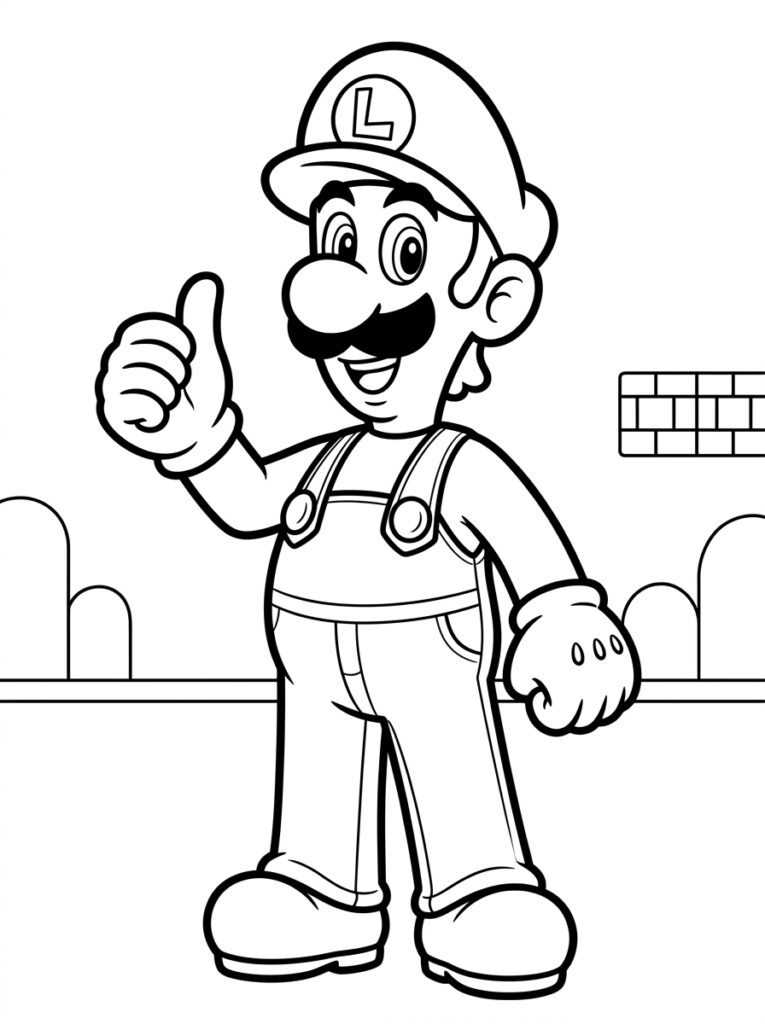 Luigi geeft duim omhoog voor bakstenen muur