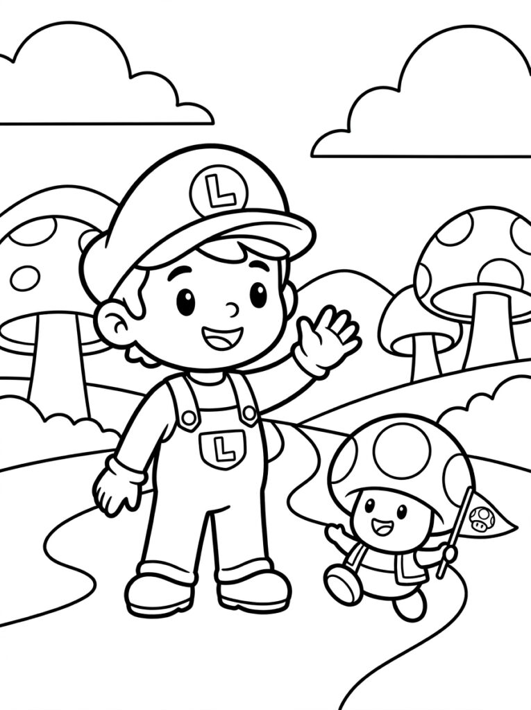 Luigi zwaait naast Toad tussen paddenstoelen
