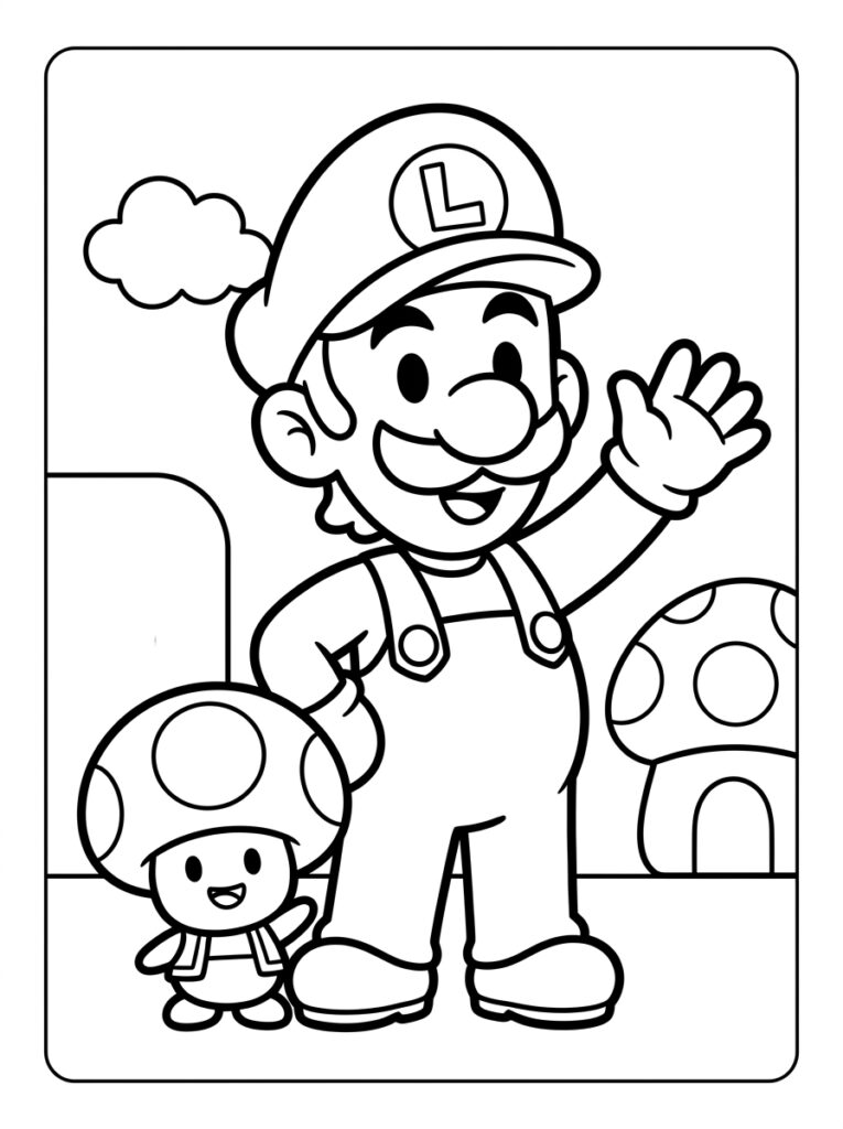 Luigi zwaait naast Toad bij paddenstoel