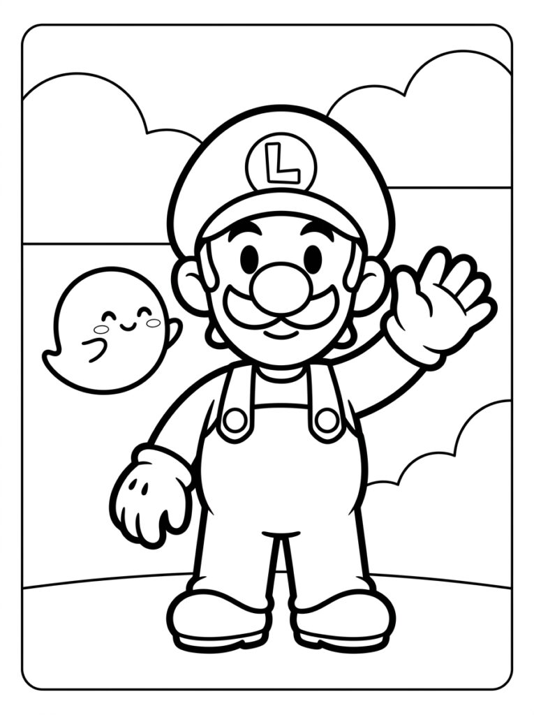 Luigi zwaait naast een lachend spook