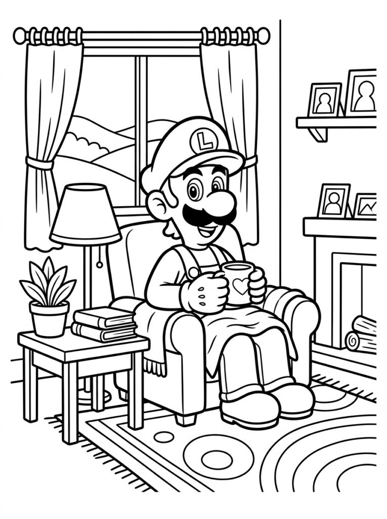 Luigi zit in een fauteuil met mok