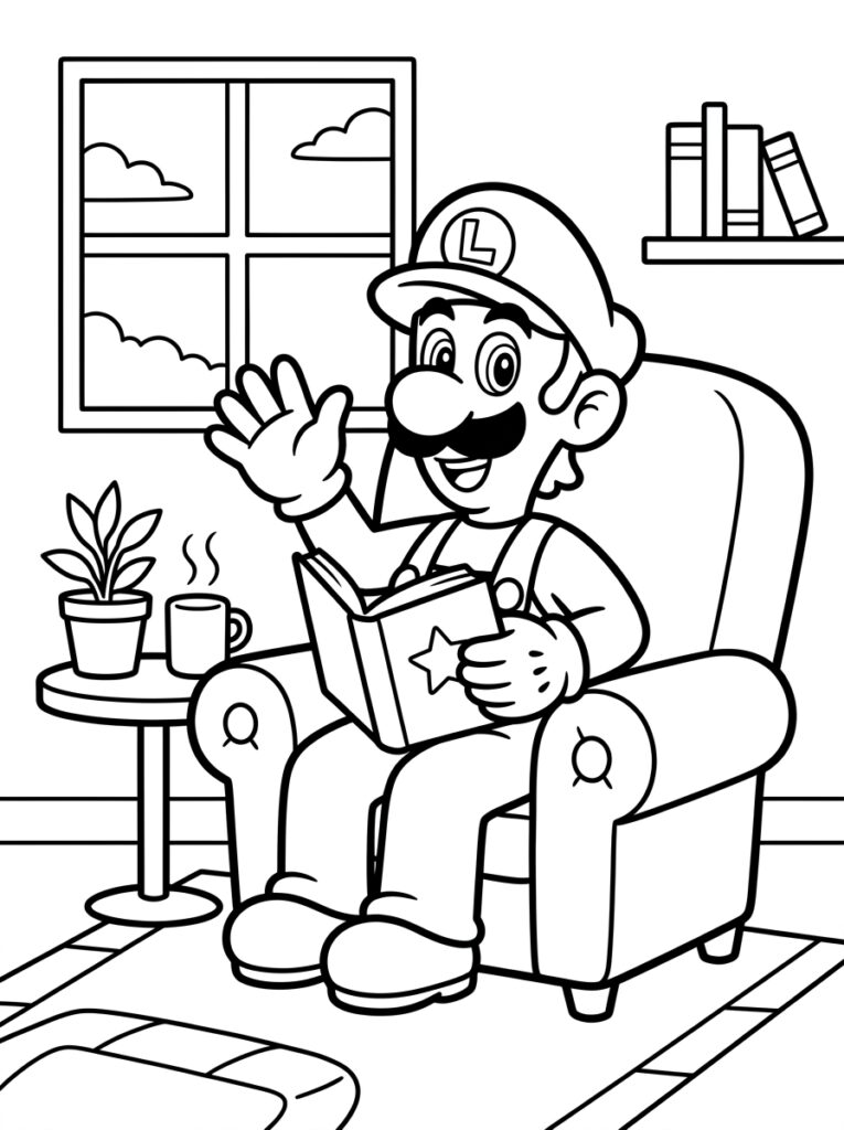 Luigi leest een boek in een leunstoel