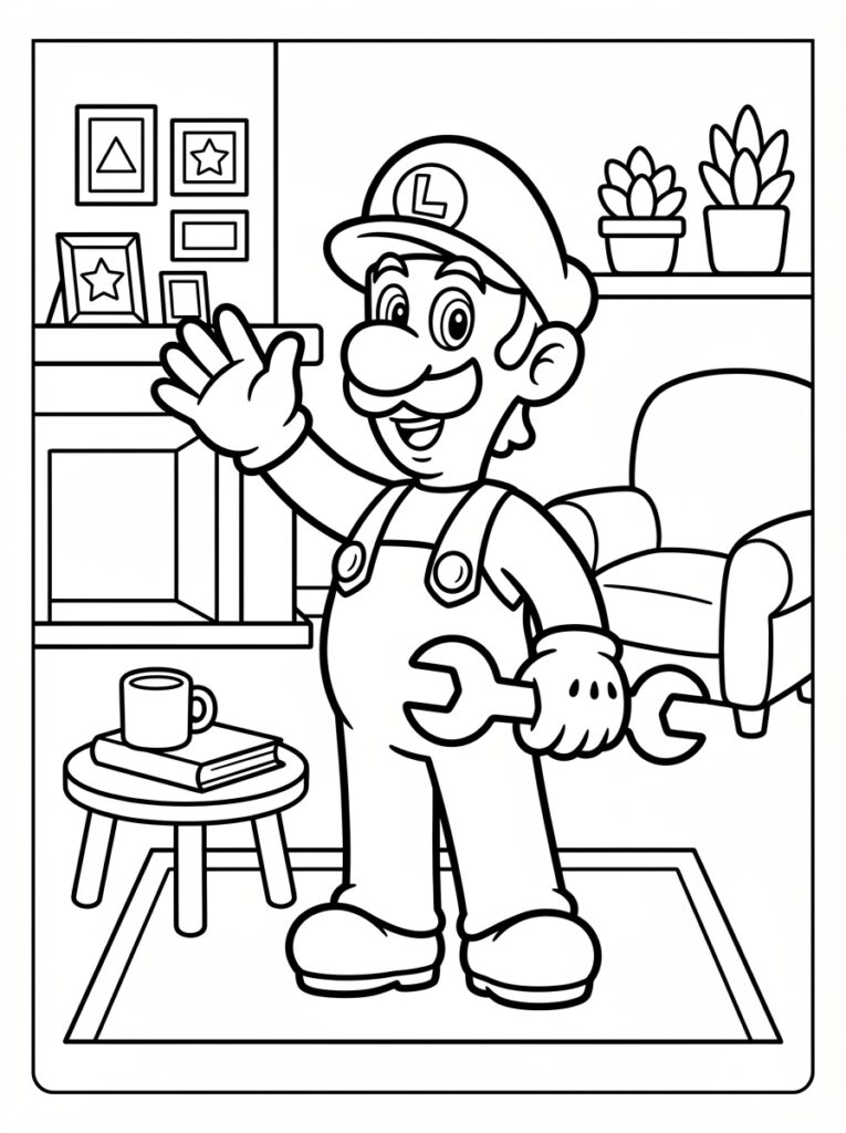 Luigi zwaait met een moersleutel in hand